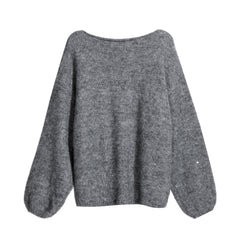 A gray knitted sweater with long sleeves and a round neckline.
