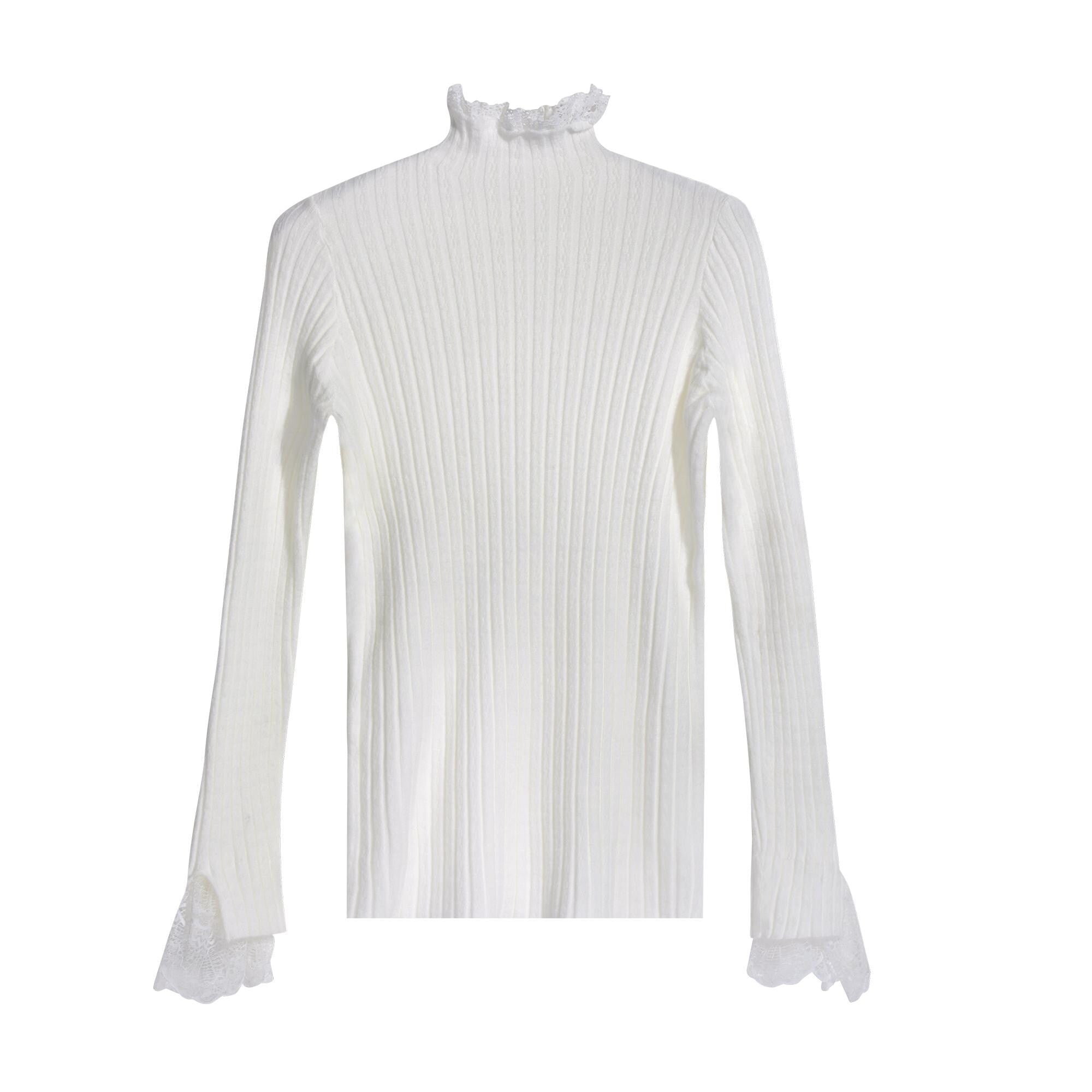 A white long-sleeved sweater with a ruffled collar and lace trim on the sleeves.