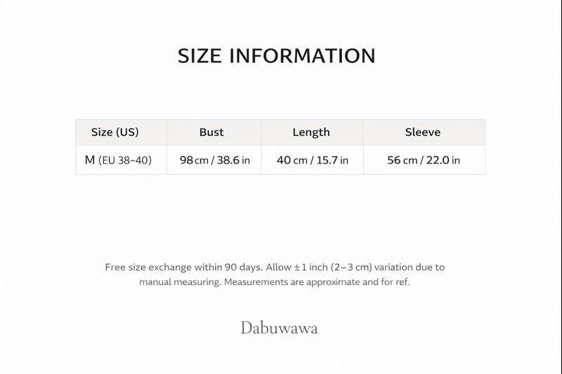 a table with size information for clothing items, including bust, length, sleeve, and size (US). The table provides the measurements for different sizes, such as M (EU 38-40) and M (EU 38-40) in centimeters. The text indicates that there is a free size exchange within 90 days, with a 1-inch (2-3 cm) variation depending on manual measuring. The image is labeled "Dabuwawa" and does not contain any redundancy or vague wording.