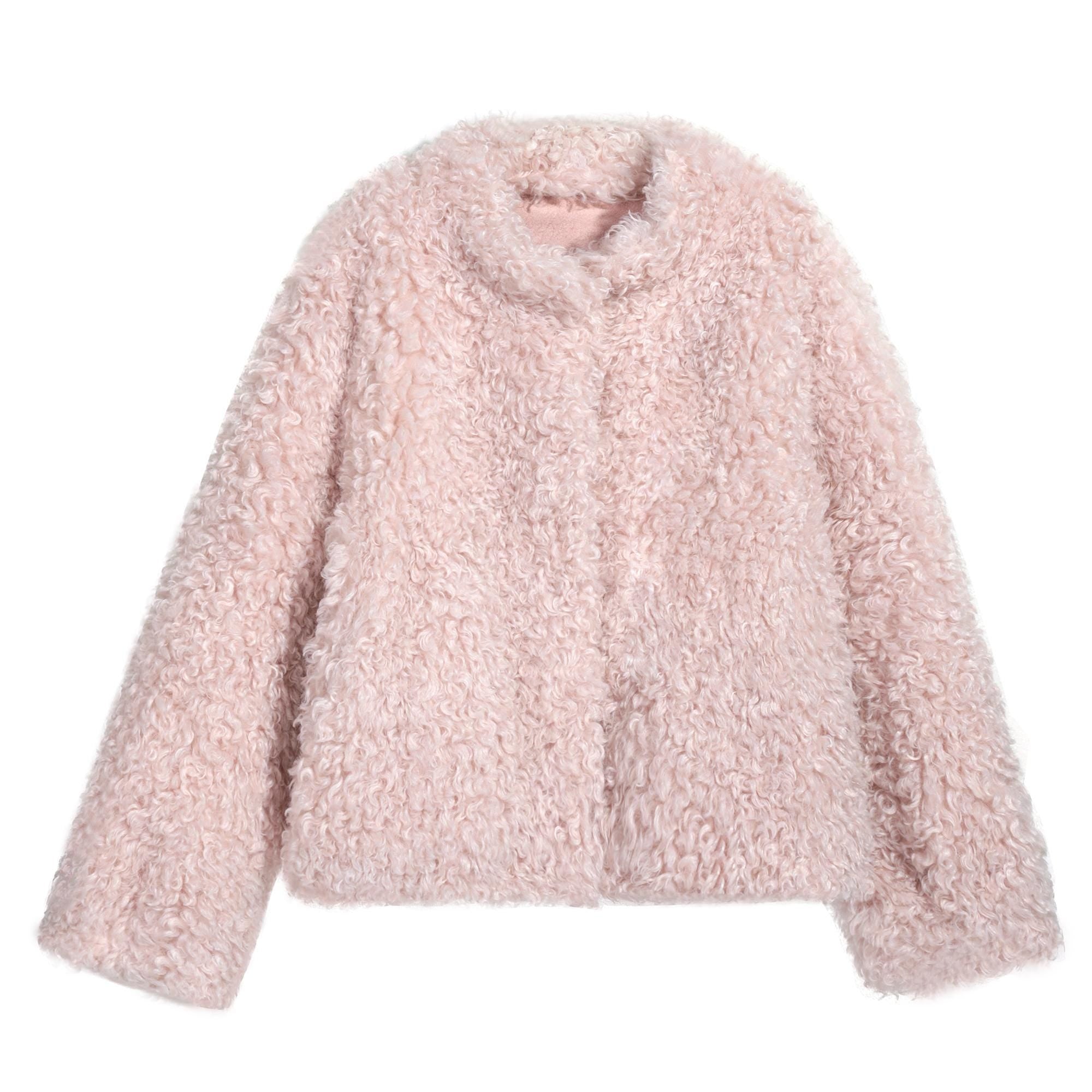 A pink, fluffy, and soft-looking jacket is shown against a white background.
