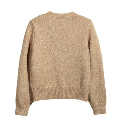 A beige, knitted sweater with long sleeves, displayed against a white background.