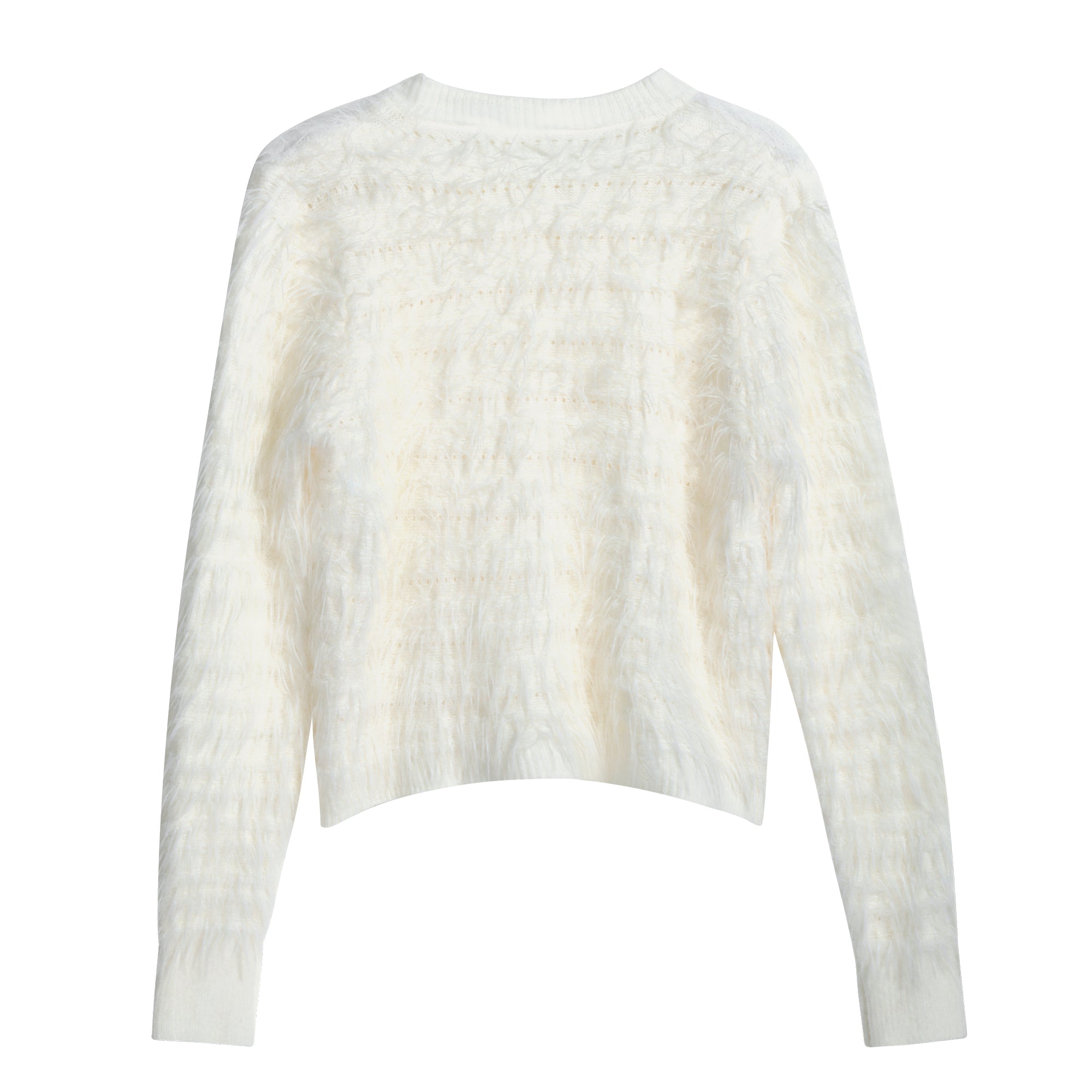 A white, long-sleeved sweater with a textured, furry appearance.