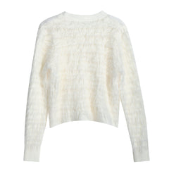 A white, long-sleeved sweater with a textured, furry appearance.