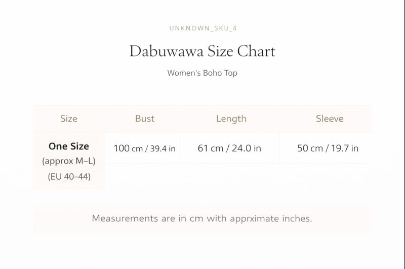 The image is a size chart for a women's bohem top, providing measurements in cm and inches for bust, length, and sleeve. The chart includes one-size options for different bust sizes, with measurements in cm/39.4 in and cm/24.0 in. The chart also includes a reference size of M-L (EU 40-44) and a reference size of M-L (EU 40-44). The measurements are provided with approximate inches, and the chart is labeled "UNKNOWN. SKU.4".