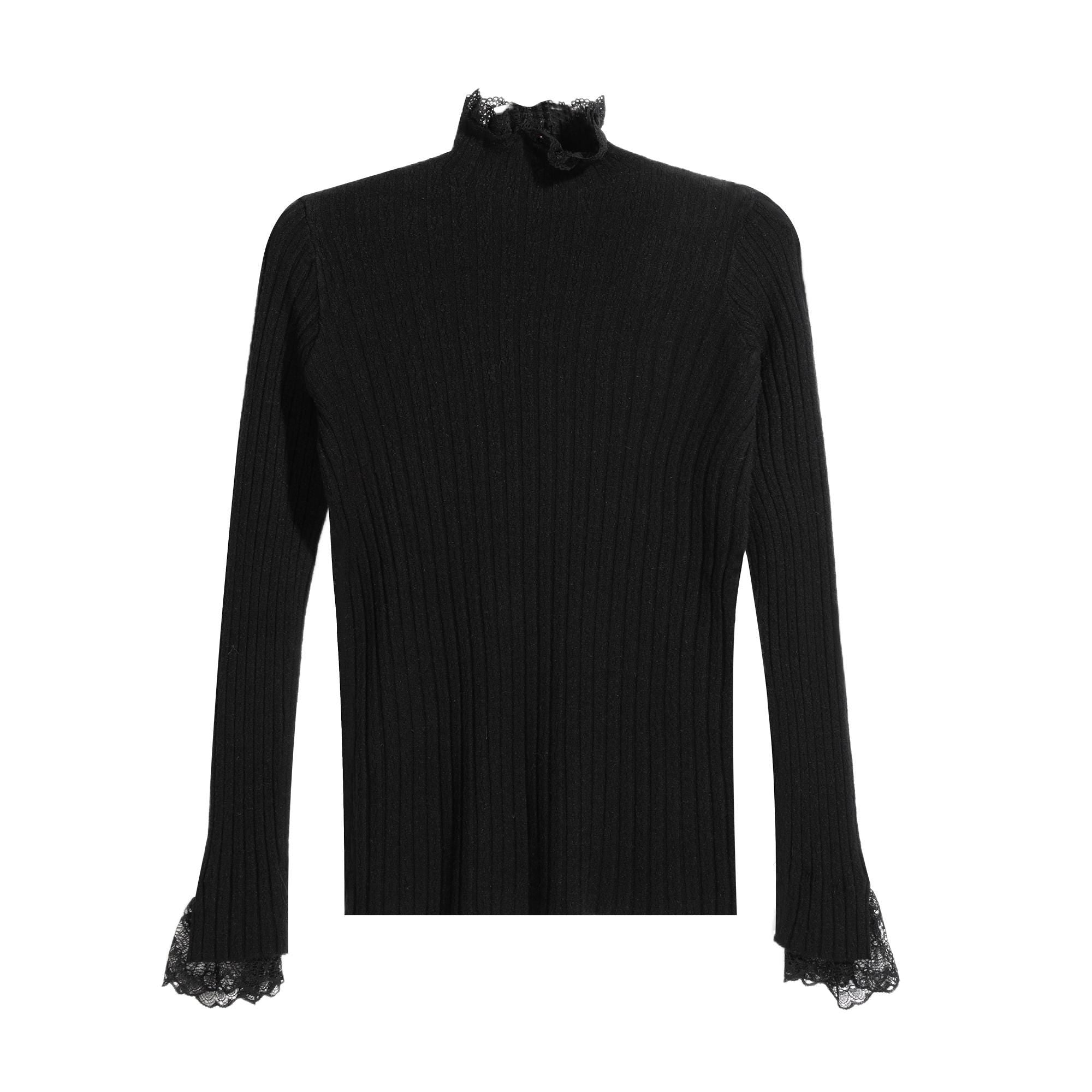 A black long-sleeved sweater with lace trim on the sleeves.
