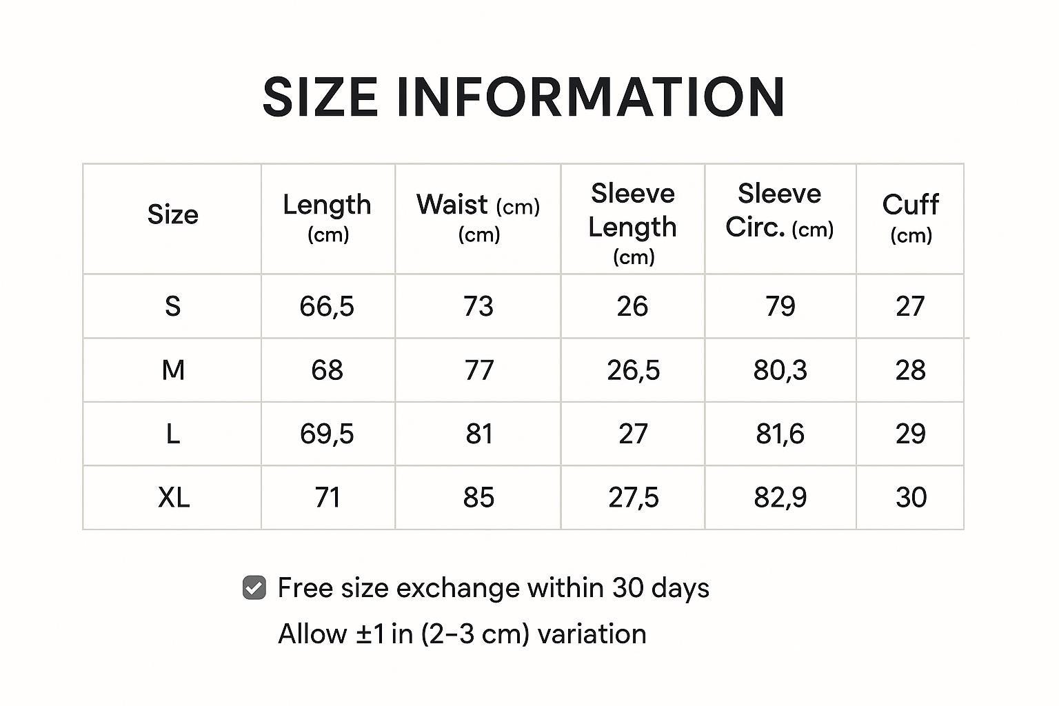 a table with size information for different clothing items, including waist, sleeve, sleeve cuff, and waist cuff measurements. The table provides the corresponding measurements for sizes S, M, L, and XL. The image also includes a note about a free size exchange within 30 days and a variation of sizes between 1 and 3 cm.