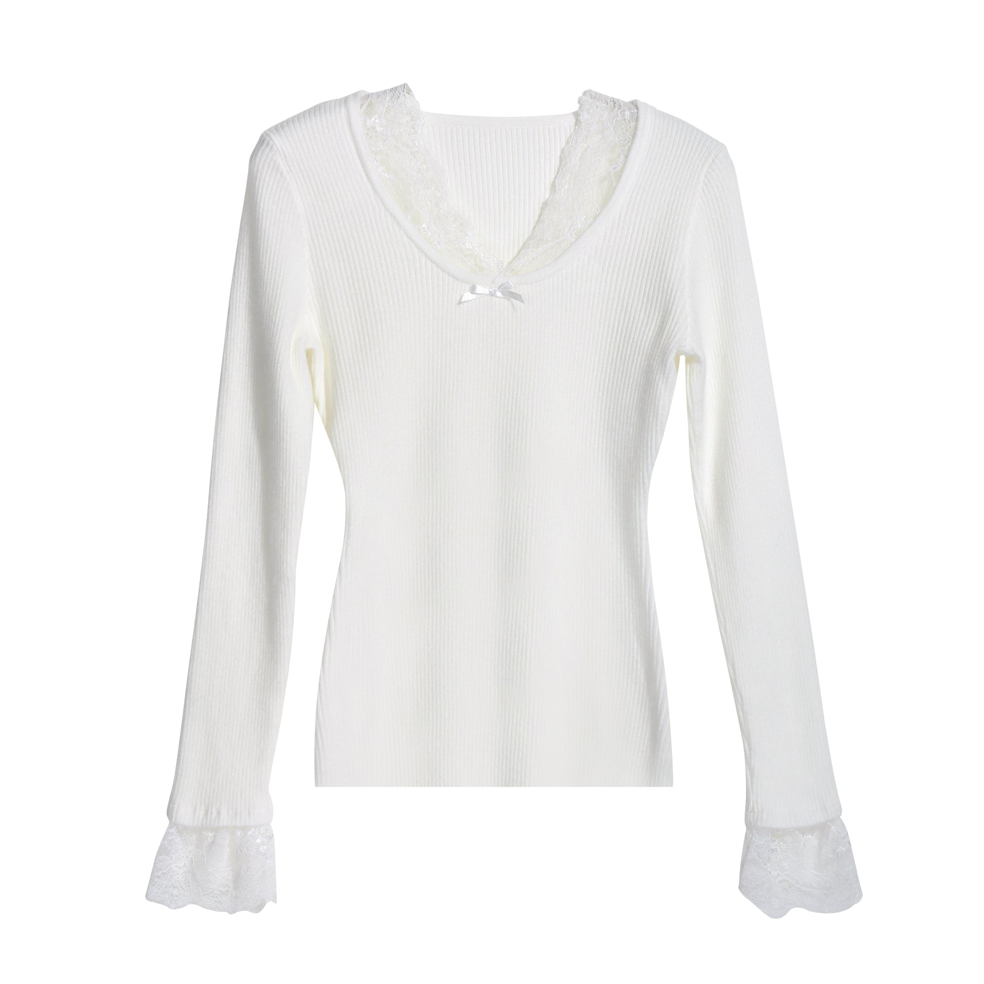 A white long-sleeved top with lace trim on the sleeves and collar.