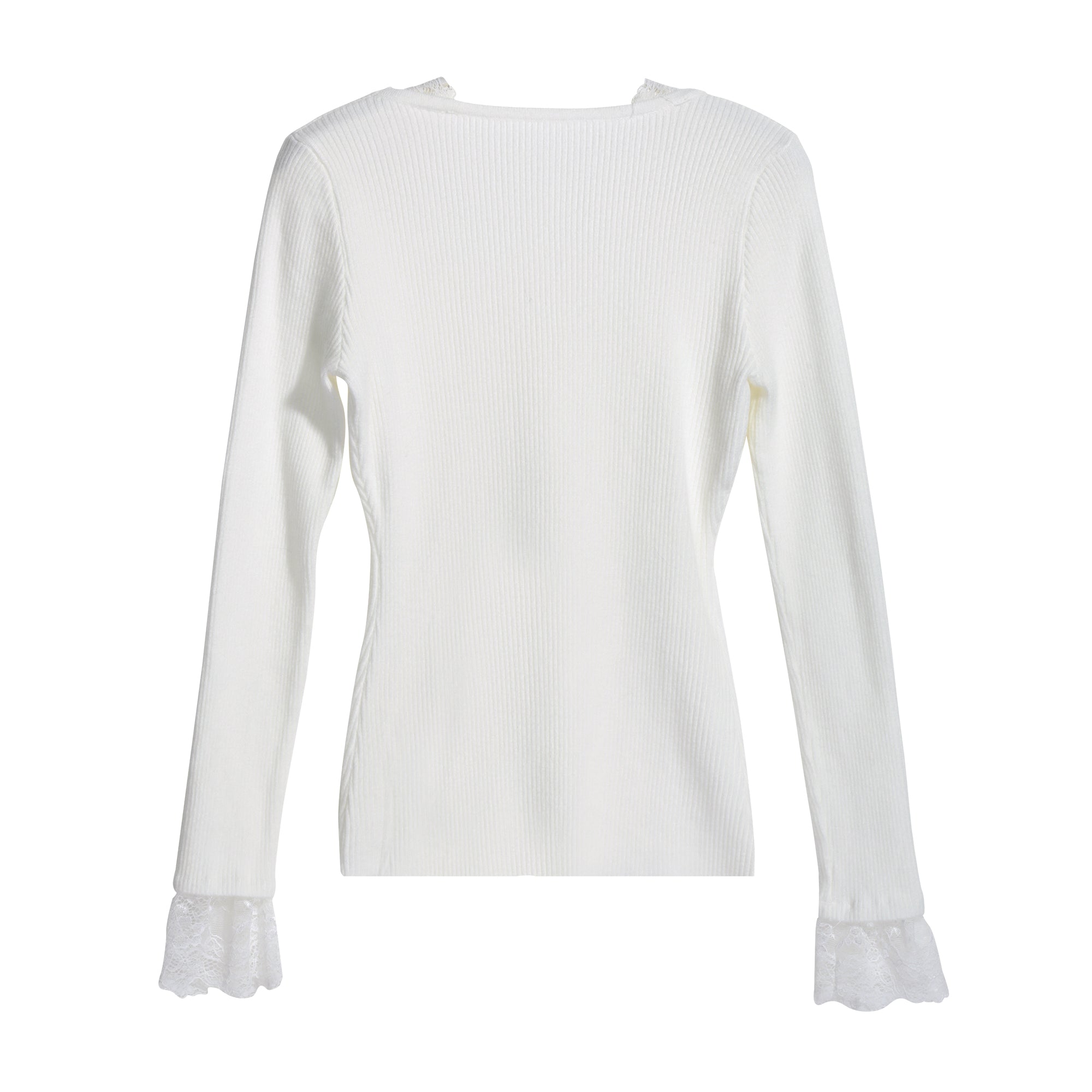 A white long-sleeved sweater with lace trim on the sleeves.