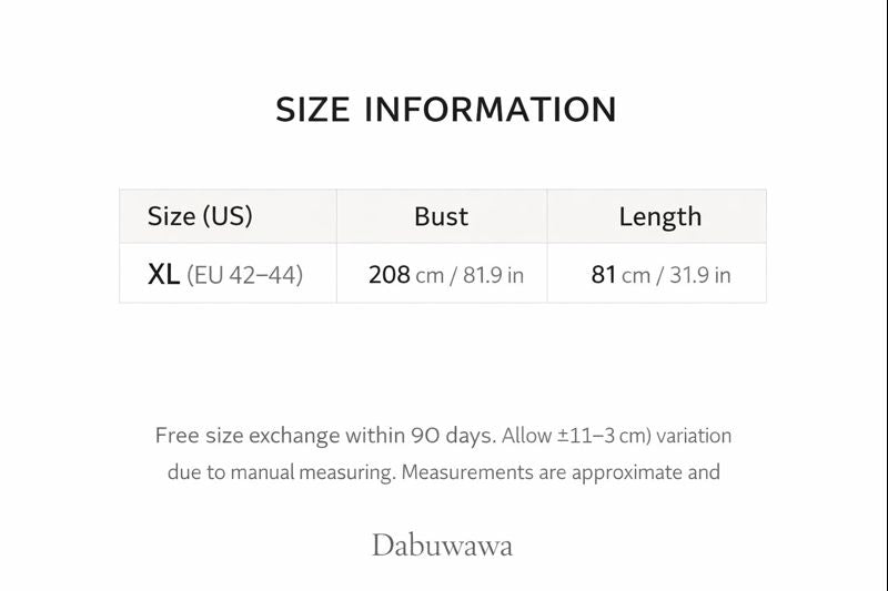 a table with size information, including the bust, length, and size (US) measurements for different clothing items. The table provides a clear and organized way to compare the sizes of various garments.