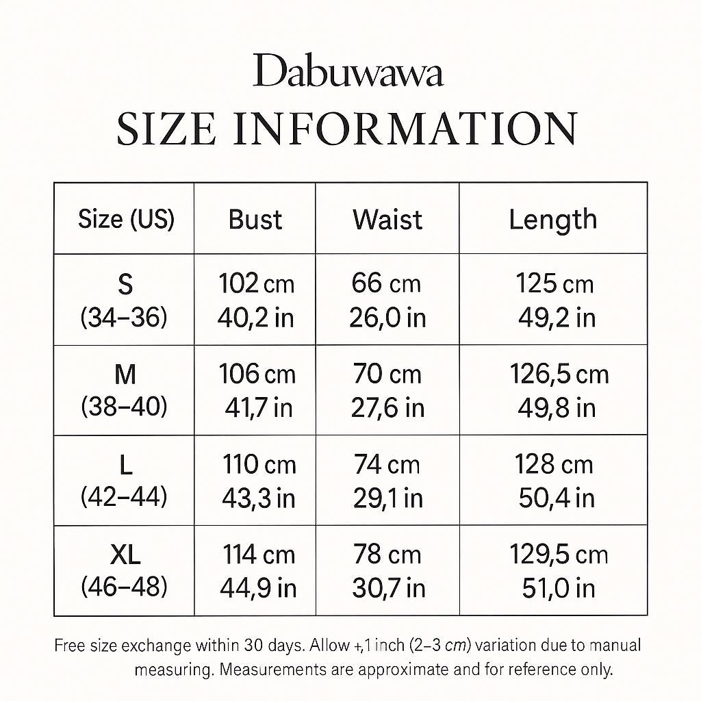 a size information table for various sizes, including US, bust, waist, and length measurements. The table provides the corresponding measurements for different sizes, such as S, M, L, and XL. It also mentions a free size exchange within 30 days and allows for a 2-3 cm variation based on manual measurements. The image does not contain any text that is too long or vague, and it does not describe each individual image separately.