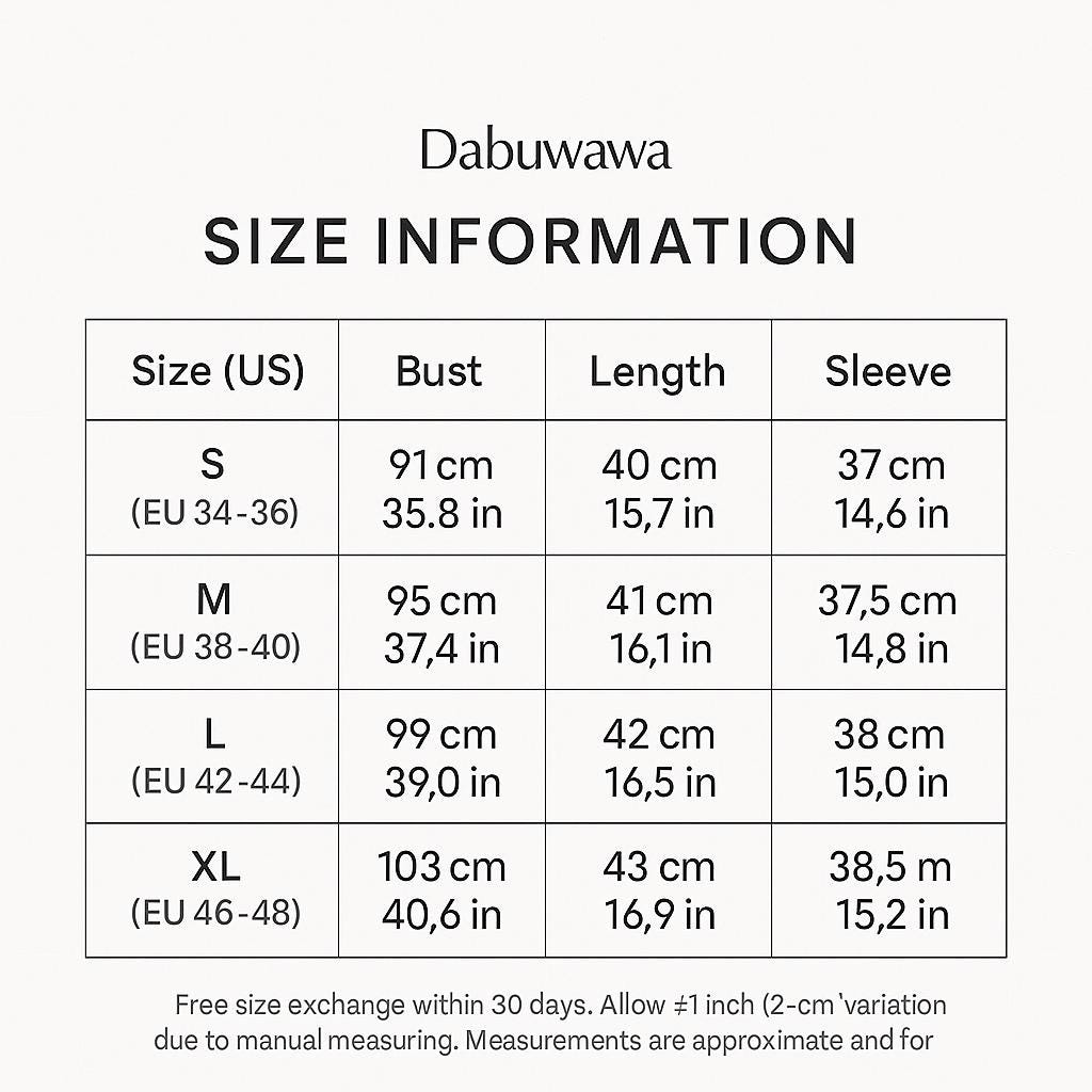 size information for various clothing items, including bust, length, sleeve, and size (US) measurements. The text provides a free size exchange within 30 days, allowing for a 2-inch variation based on manual measurements. The measurements are approximate and for illustrative purposes only.