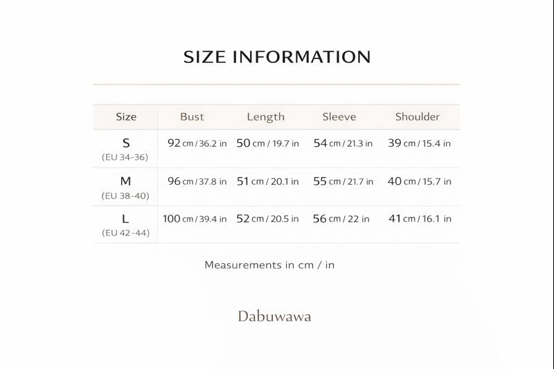 a table with size information for various clothing items, including bust, length, sleeve, and shoulder measurements. The table provides measurements in centimeters and inches, and the image is labeled "Size Information" and "Dabuawa".