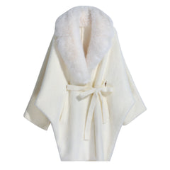 A white fur-trimmed cape with a bow tie, displayed against a white background.
