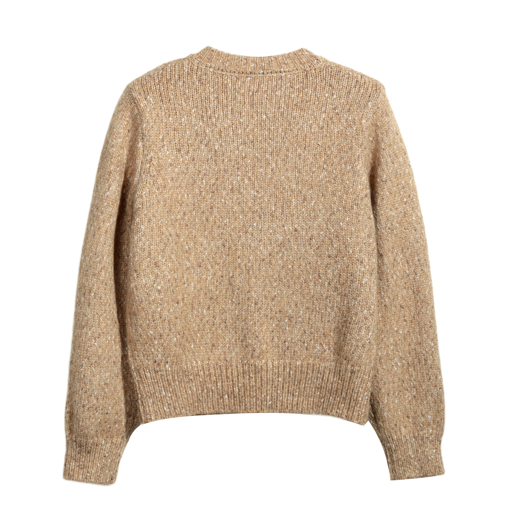A beige, knitted sweater with long sleeves, displayed against a white background.