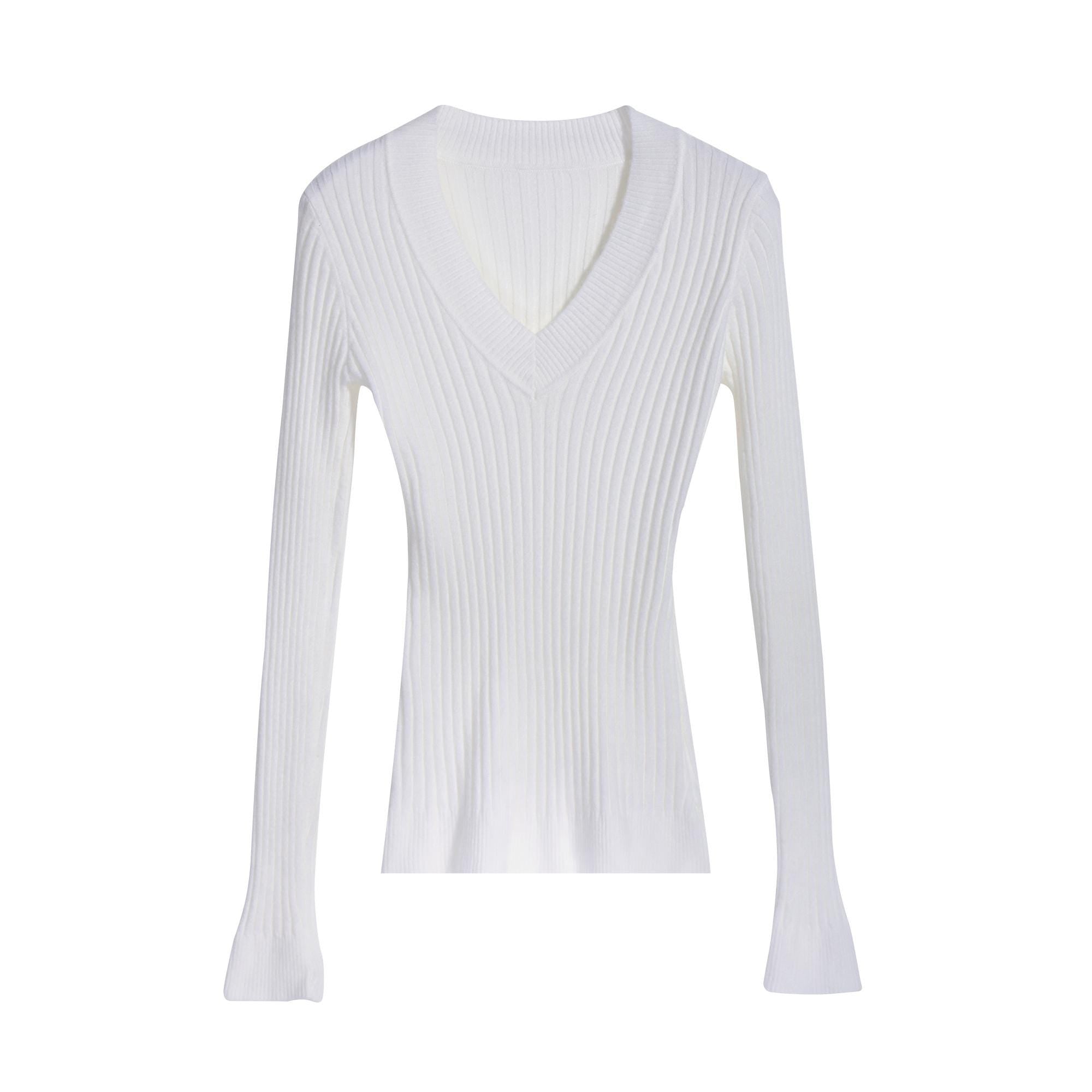 A white long-sleeved sweater with a v-neck and flared sleeves.