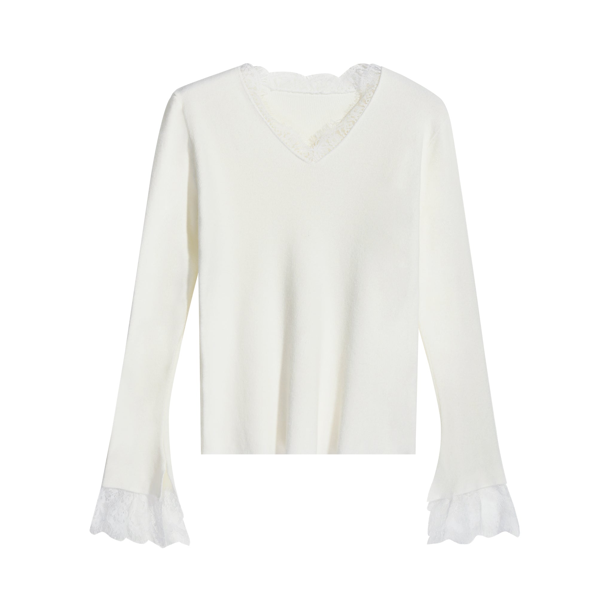 A white long-sleeved shirt with lace trim on the sleeves and collar.