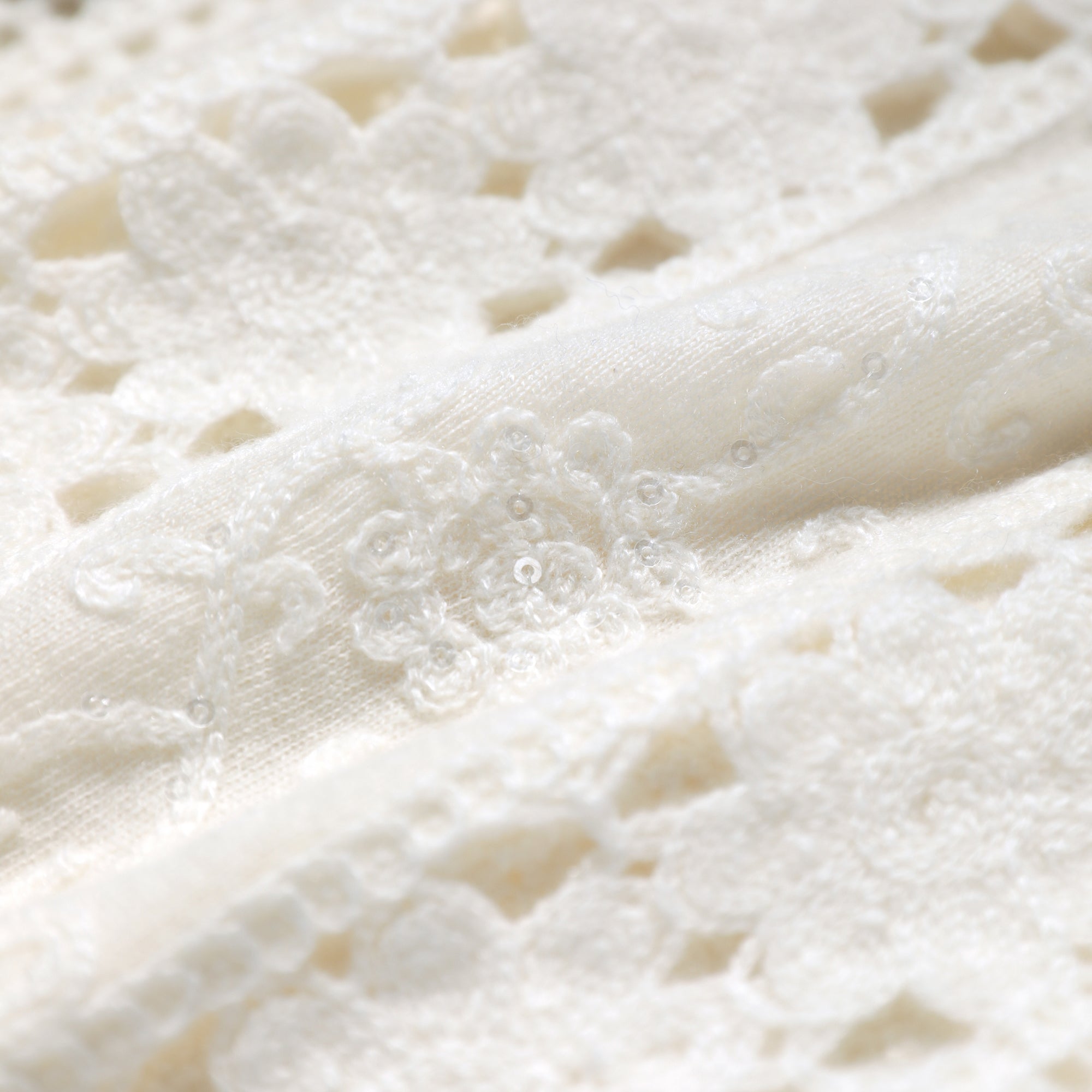 A close-up view of a delicate, white lace fabric with intricate floral patterns.