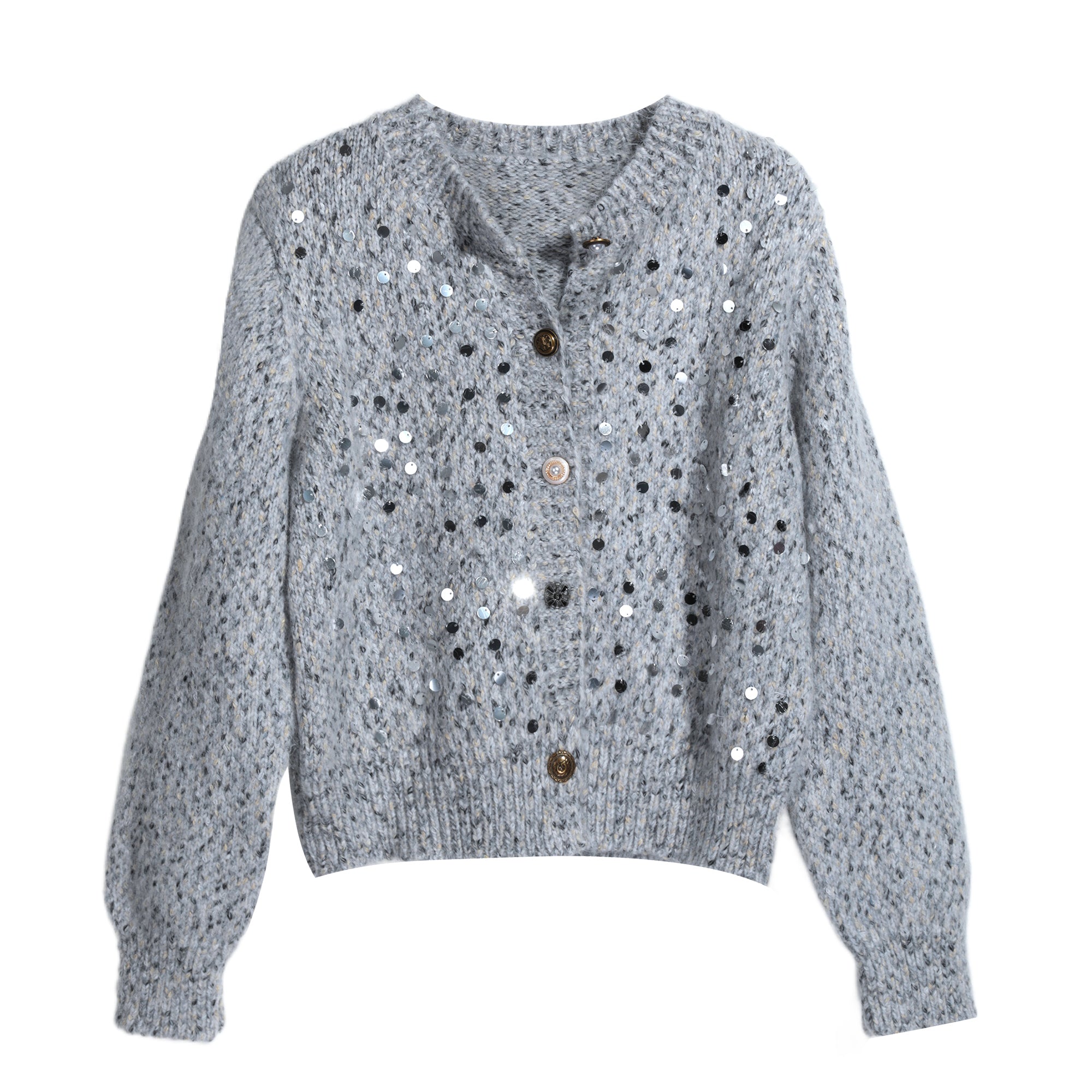 A gray knitted cardigan with silver sequins on the front and buttons.