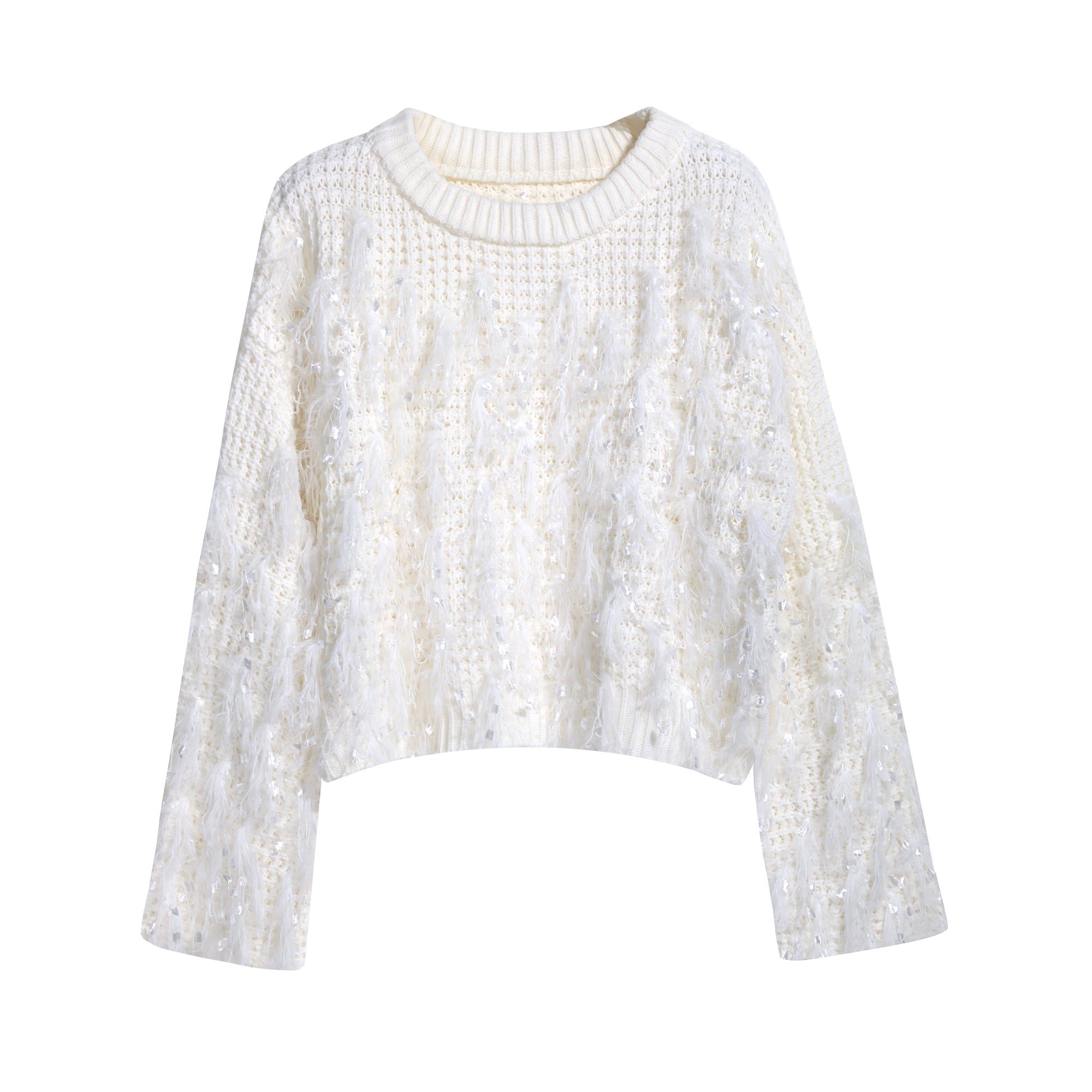 A white, long-sleeved sweater with a textured, fuzzy appearance.