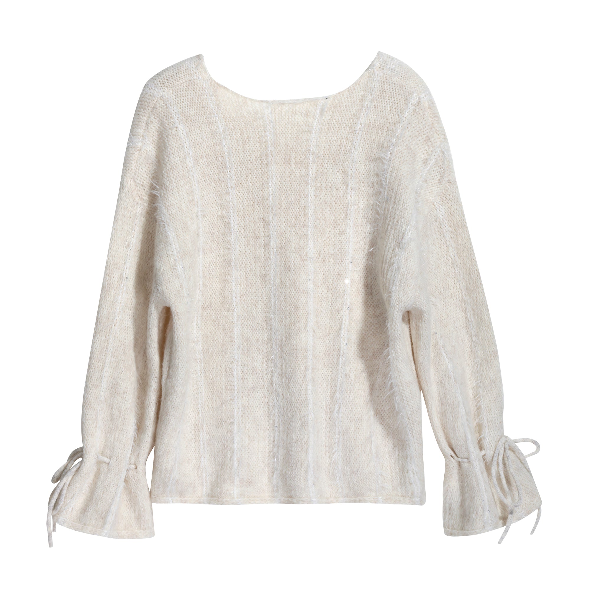 A cream-colored knitted sweater with puffed sleeves and a high neckline.
