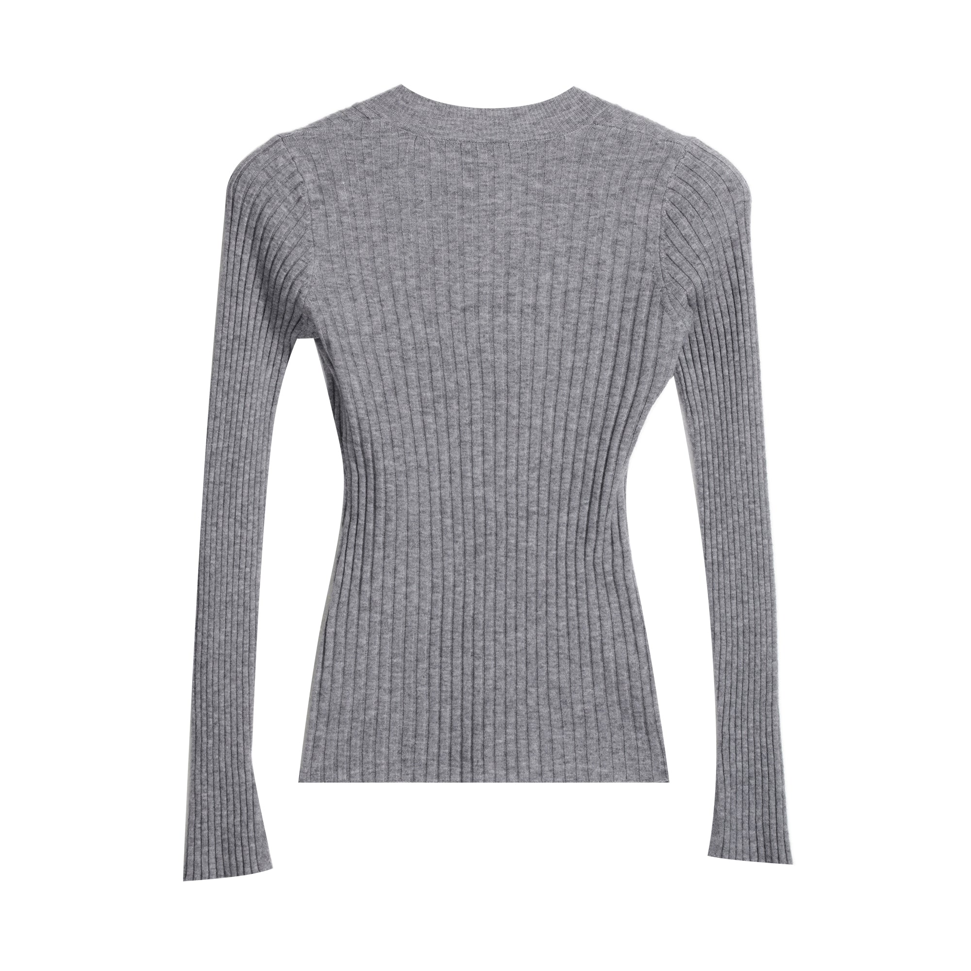 A gray ribbed sweater with long sleeves.