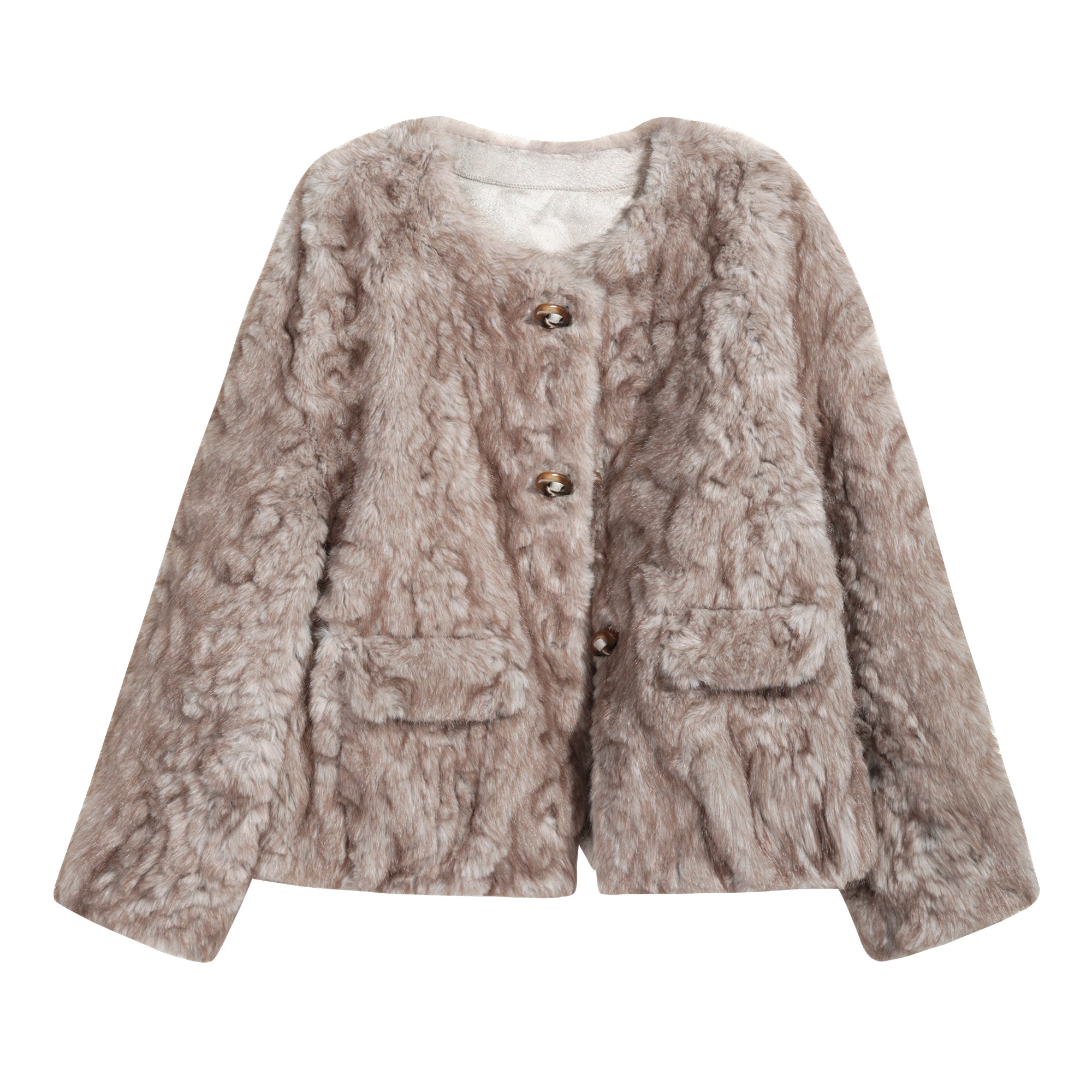 A beige fur coat with buttons and two pockets, displayed against a white background.