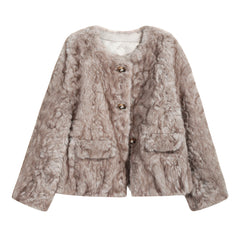 A beige fur coat with buttons and two pockets, displayed against a white background.