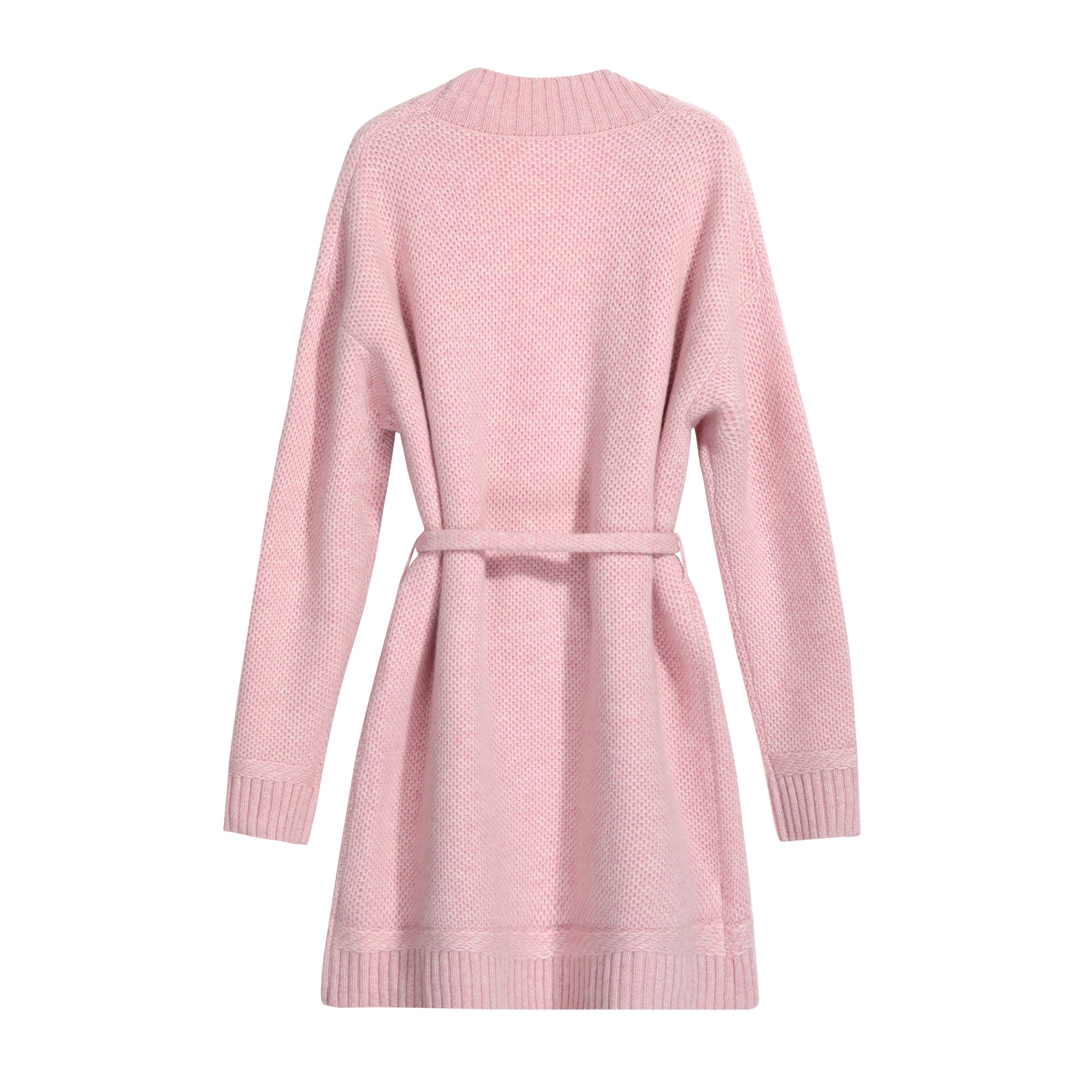 A pink knitted dress with a tie waist and long sleeves.