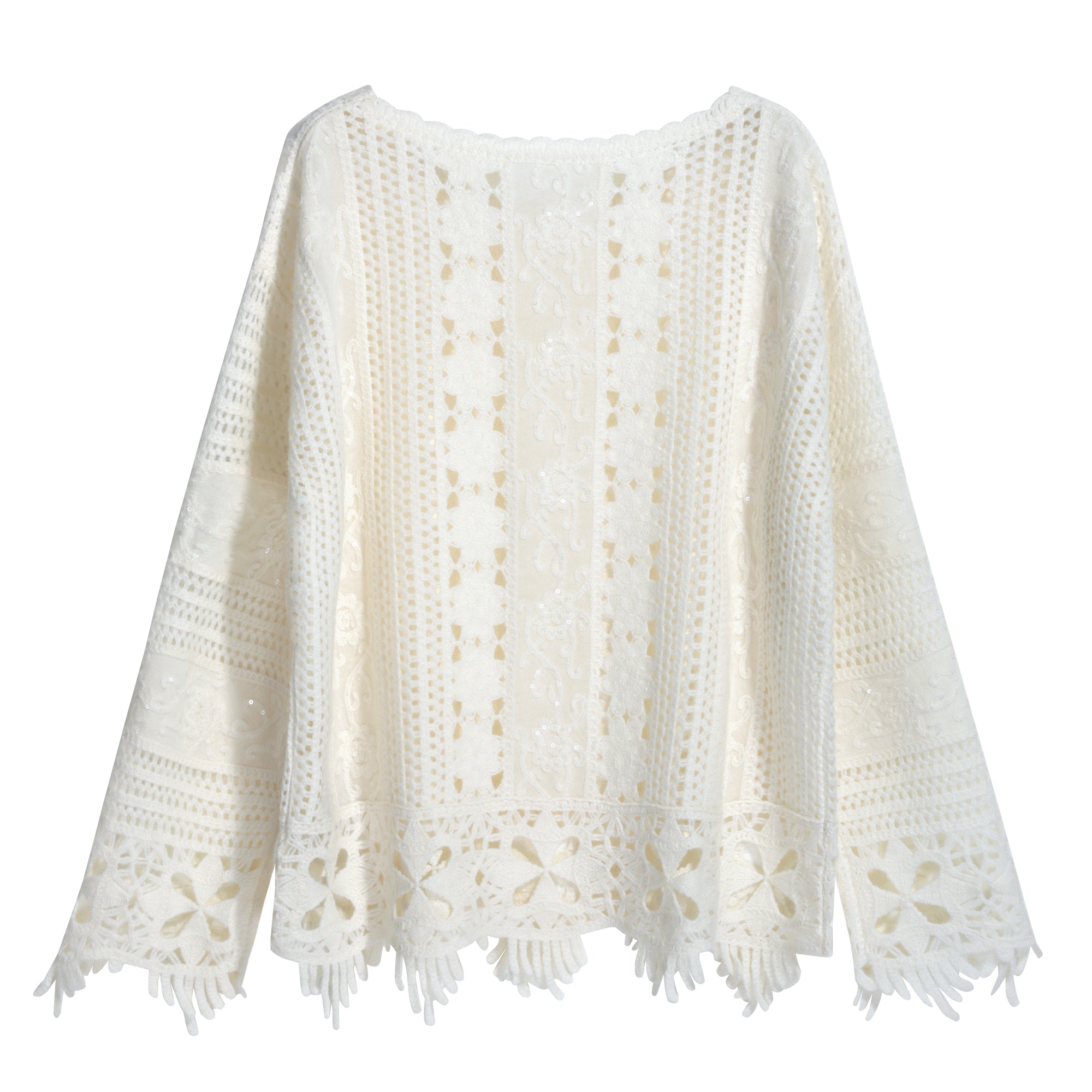 A white, long-sleeved blouse with a lace-like pattern and fringed edges.