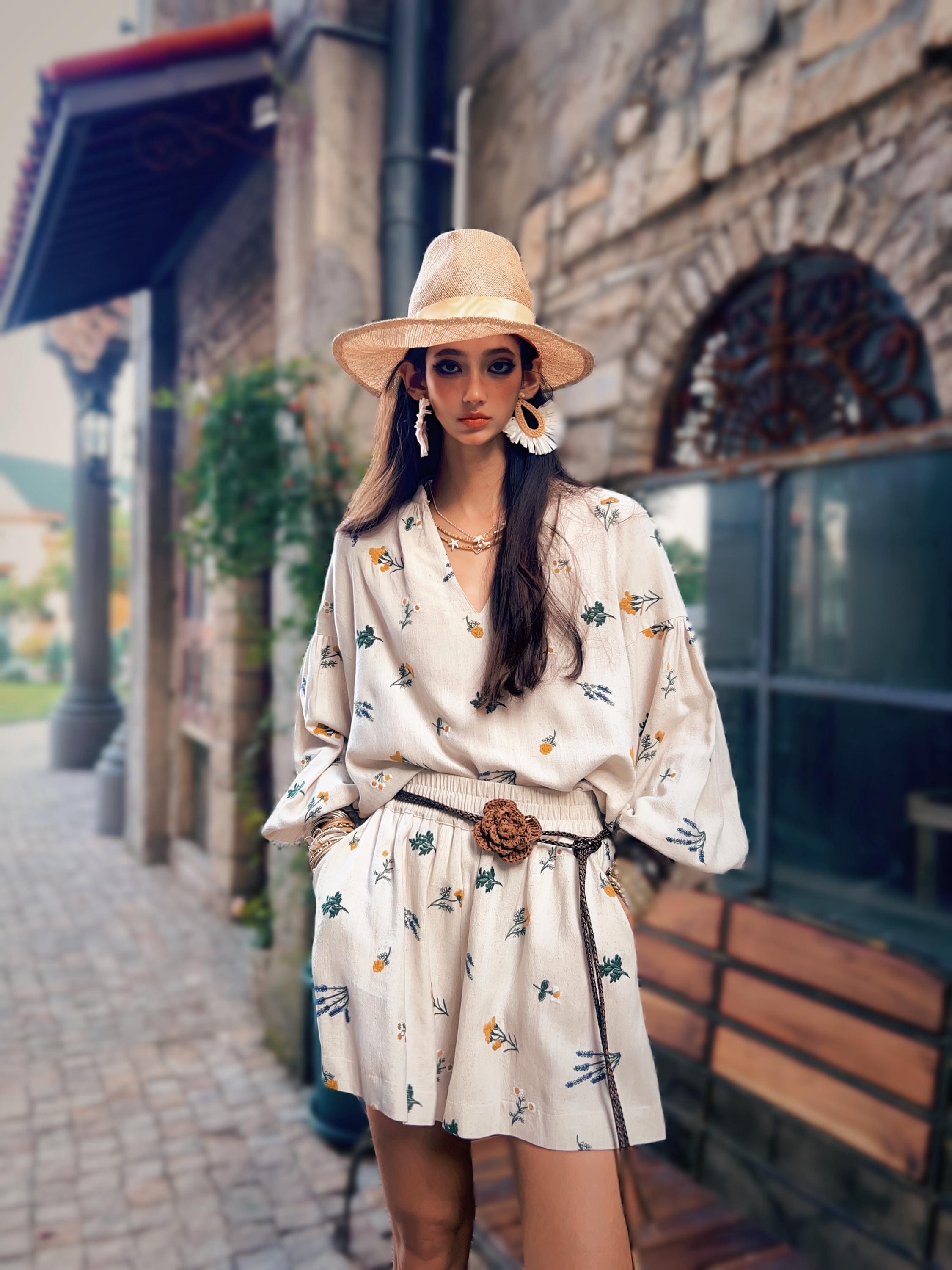 Boho Linen Summer Dress | Flowy Floral Mini Dress | Kimono Sleeves & Belted Fit