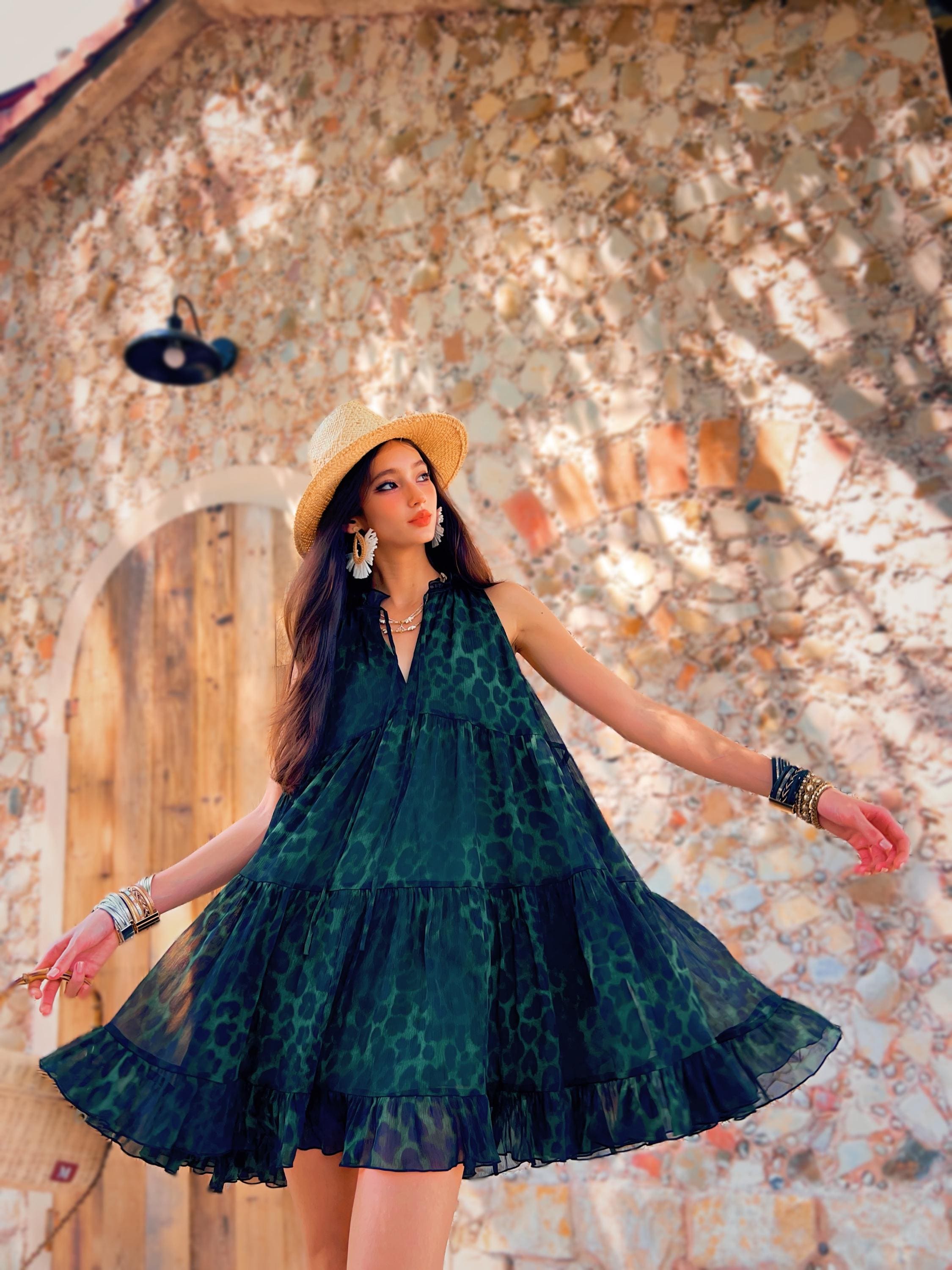 Leopard Print Mini Sundress | Forest Green Boho Tiered Chiffon Summer Dress
