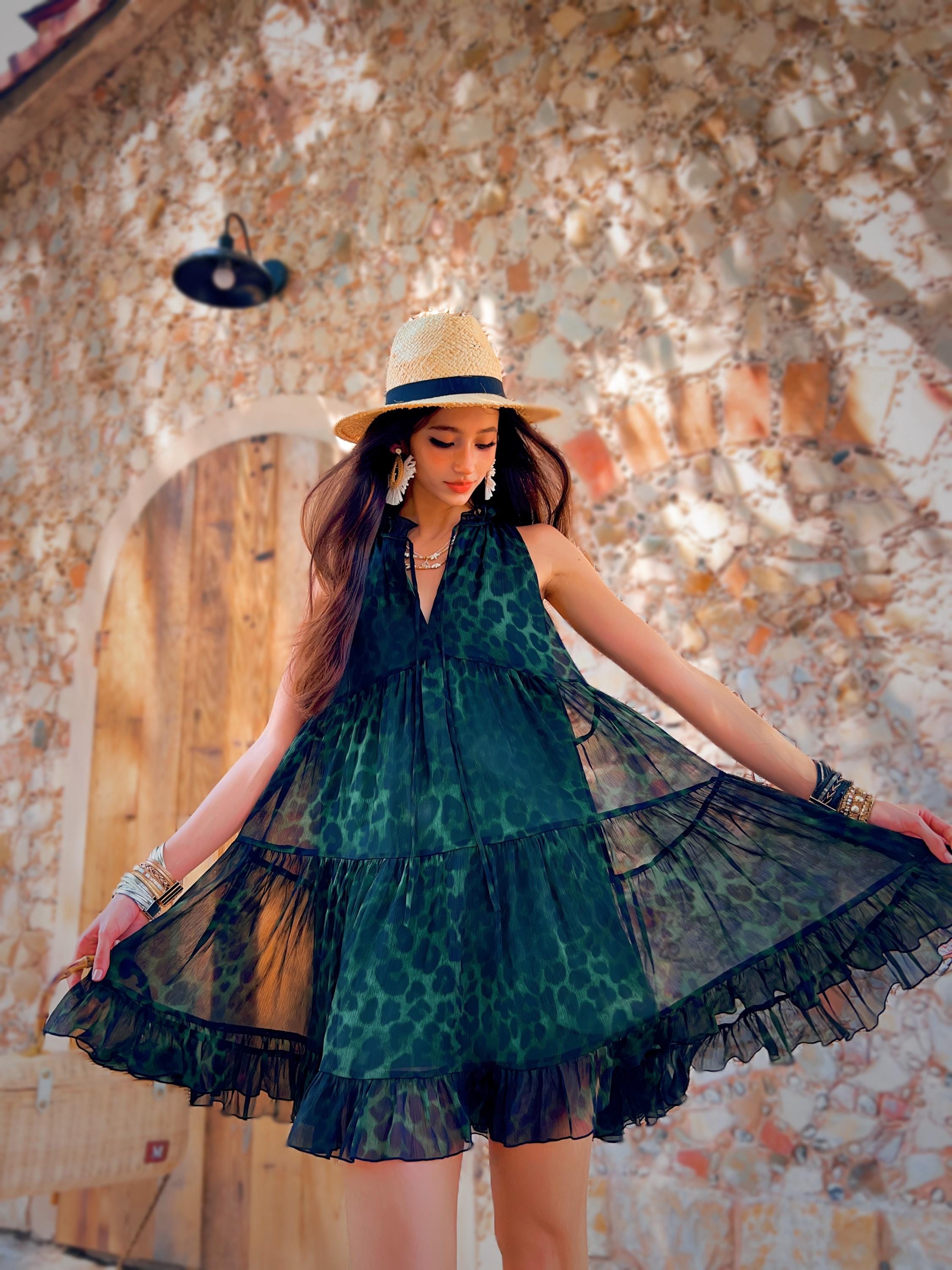 Leopard Print Mini Sundress | Forest Green Boho Tiered Chiffon Summer Dress