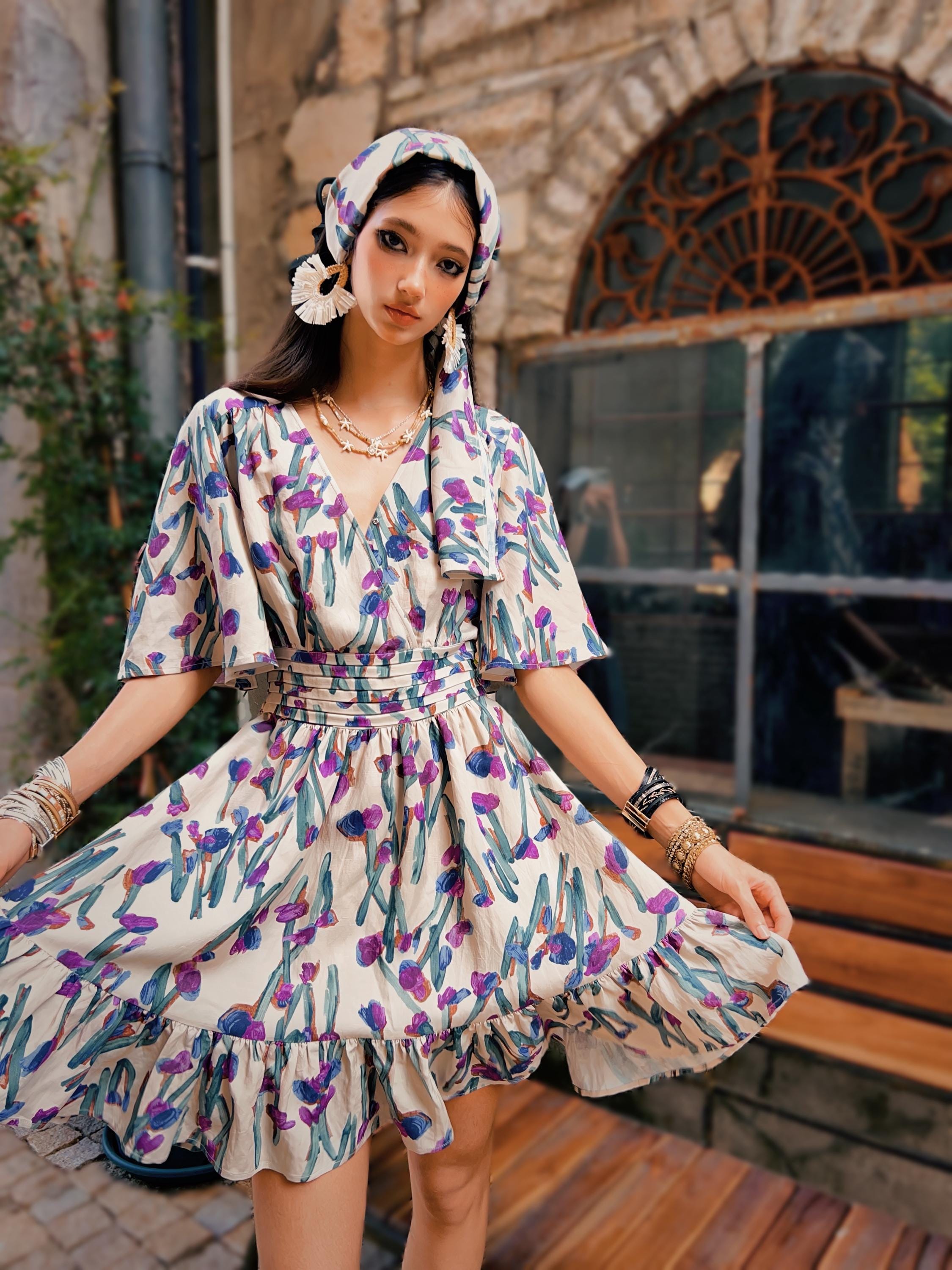Floral Cotton Mini Dress | Purple Tulip Print Tiered Boho Summer Dress