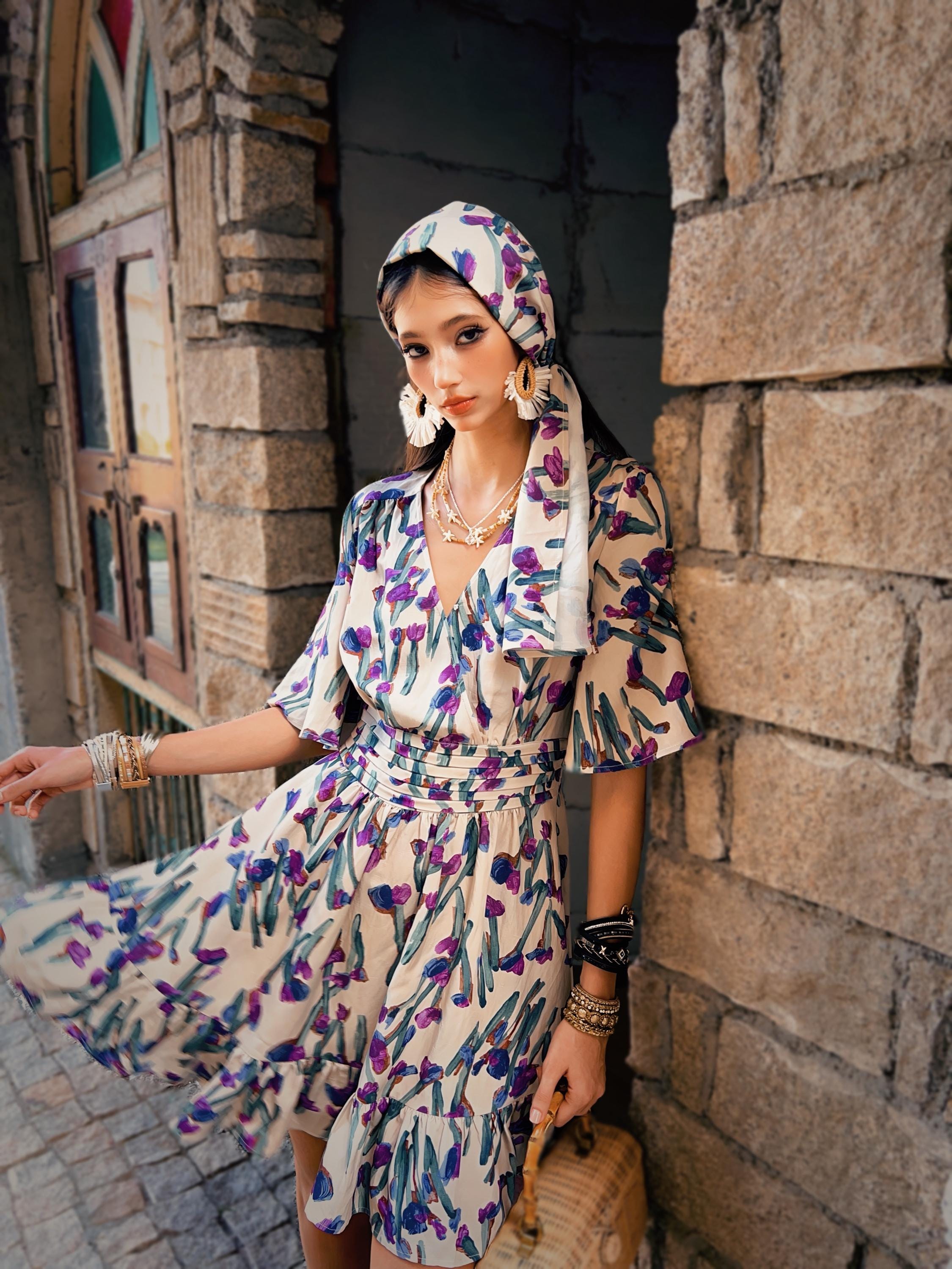 Floral Cotton Mini Dress | Purple Tulip Print Tiered Boho Summer Dress