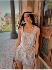 Blue Embroidered Linen-Blend Summer Shorts for Women, Boho High-Waisted Casual Bottoms