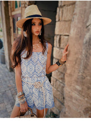 Blue Embroidered Linen-Blend Crop Top for Women, Boho Summer Sleeveless Tank
