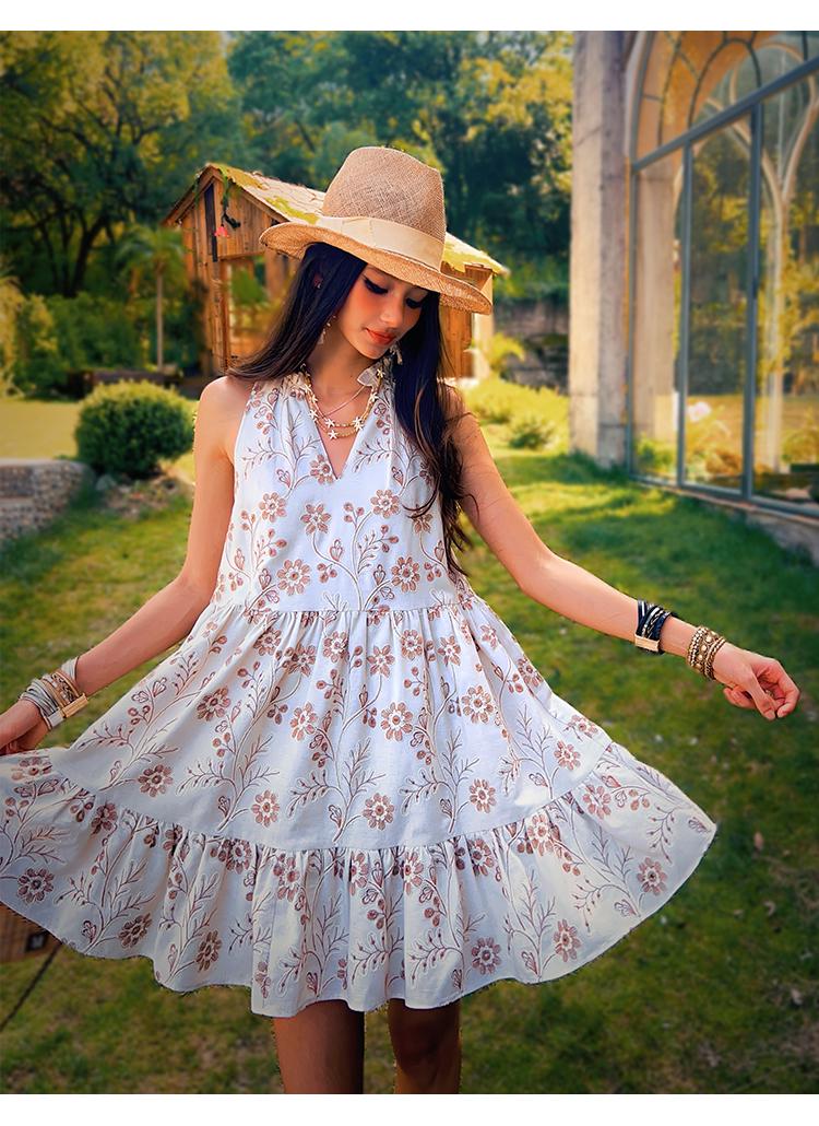 Linen-Blend Boho Sundress, White Floral Summer Dress, Sleeveless Swing Dress, Tiered A-Line Resort Outfit, Casual Holiday Style