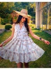 Linen-Blend Boho Sundress, White Floral Summer Dress, Sleeveless Swing Dress, Tiered A-Line Resort Outfit, Casual Holiday Style
