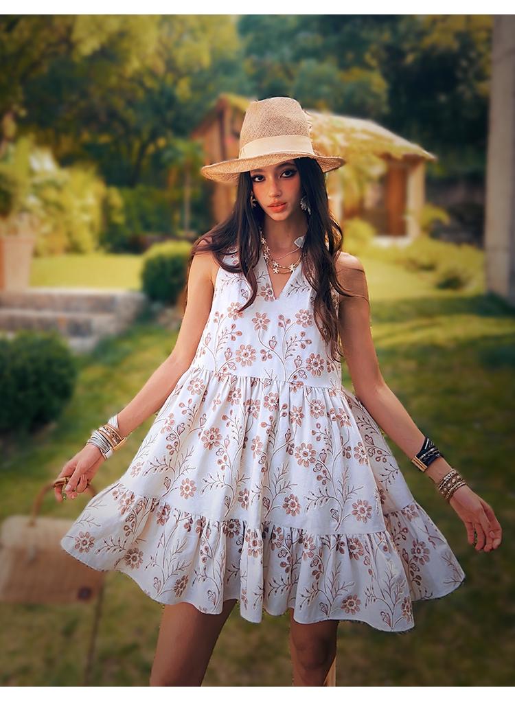 Linen-Blend Boho Sundress, White Floral Summer Dress, Sleeveless Swing Dress, Tiered A-Line Resort Outfit, Casual Holiday Style