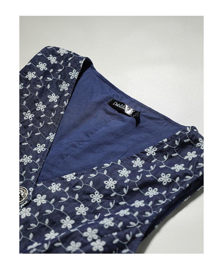 Navy Blue Floral Linen-Blend Button Vest for Women, Boho Summer Waistcoat