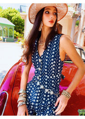 Navy Blue Floral Linen-Blend Button Vest for Women, Boho Summer Waistcoat