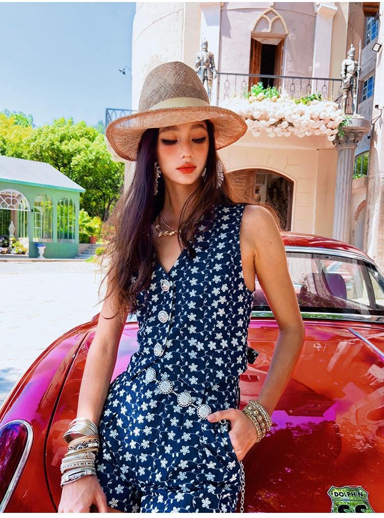Navy Blue Floral Linen-Blend Button Vest for Women, Boho Summer Waistcoat