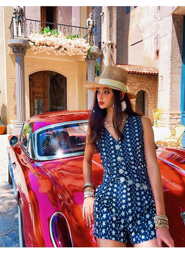 Navy Blue Floral Linen-Blend Button Vest for Women, Boho Summer Waistcoat