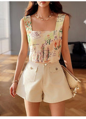 Linen-Blend Boho Printed Tank Top, Square Neck Artistic Camisole, Sleeveless Summer Blouse, Button-Back Resort Shirt