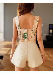 Linen-Blend Boho Printed Tank Top, Square Neck Artistic Camisole, Sleeveless Summer Blouse, Button-Back Resort Shirt