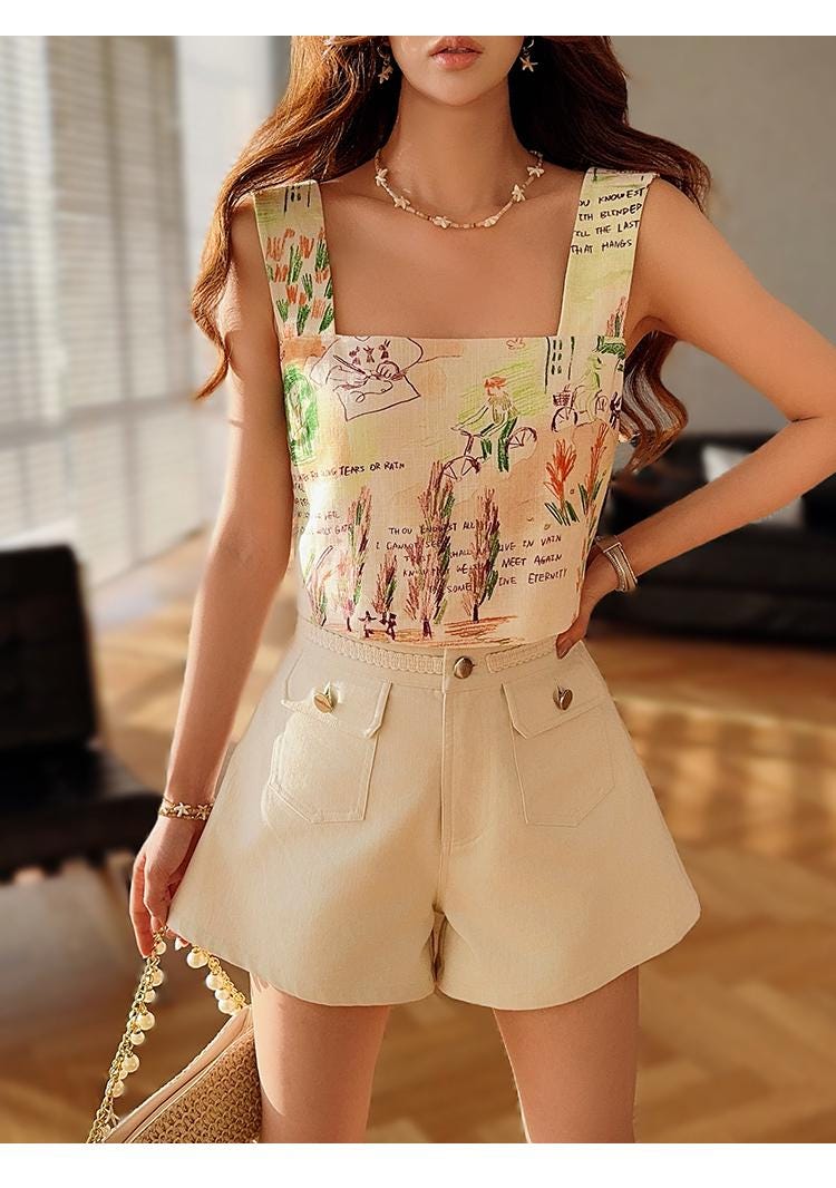 Linen-Blend Boho Printed Tank Top, Square Neck Artistic Camisole, Sleeveless Summer Blouse, Button-Back Resort Shirt
