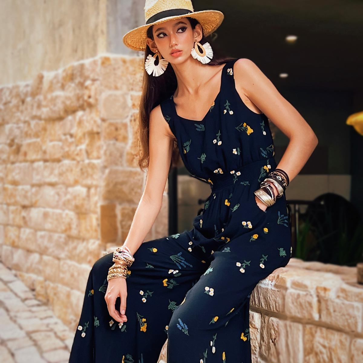 Black Floral Linen-Blend Wide-Leg Jumpsuit