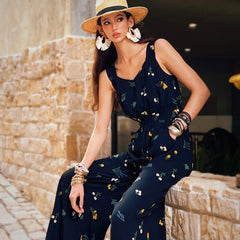 Black Floral Linen-Blend Wide-Leg Jumpsuit