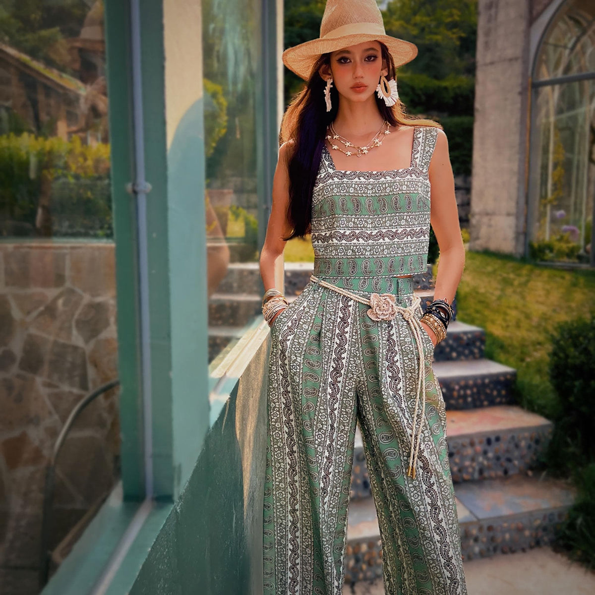 Linen-Blend Boho Paisley Crop Top in Olive Green – Summer Essential