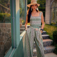 Sage Green Linen-Blend Wide-Leg Jumpsuit | Boho Paisley Summer One-Piece – Square Neck, Pockets